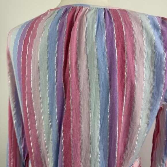 J Crew Veda Pastel Stripe Metallic Thread 100% Cotton Belted Dress Small Pockets - Picture 8 of 13